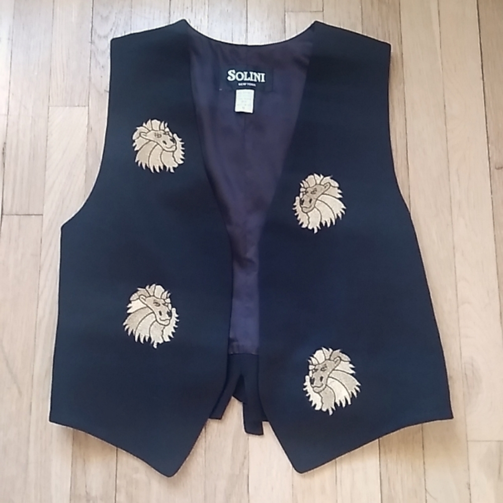 WOMEN'S VINTAGE VEST BY SOLINI NEW YORK BLACK WITH GOLD LIONS PATCHES SIZE 12